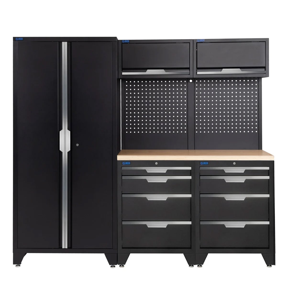 SGS 7pc Garage Storage System | 8 Drawers | Pressed Wood Worktop | 2x Upper Cabinets | Tall Double Cabinet